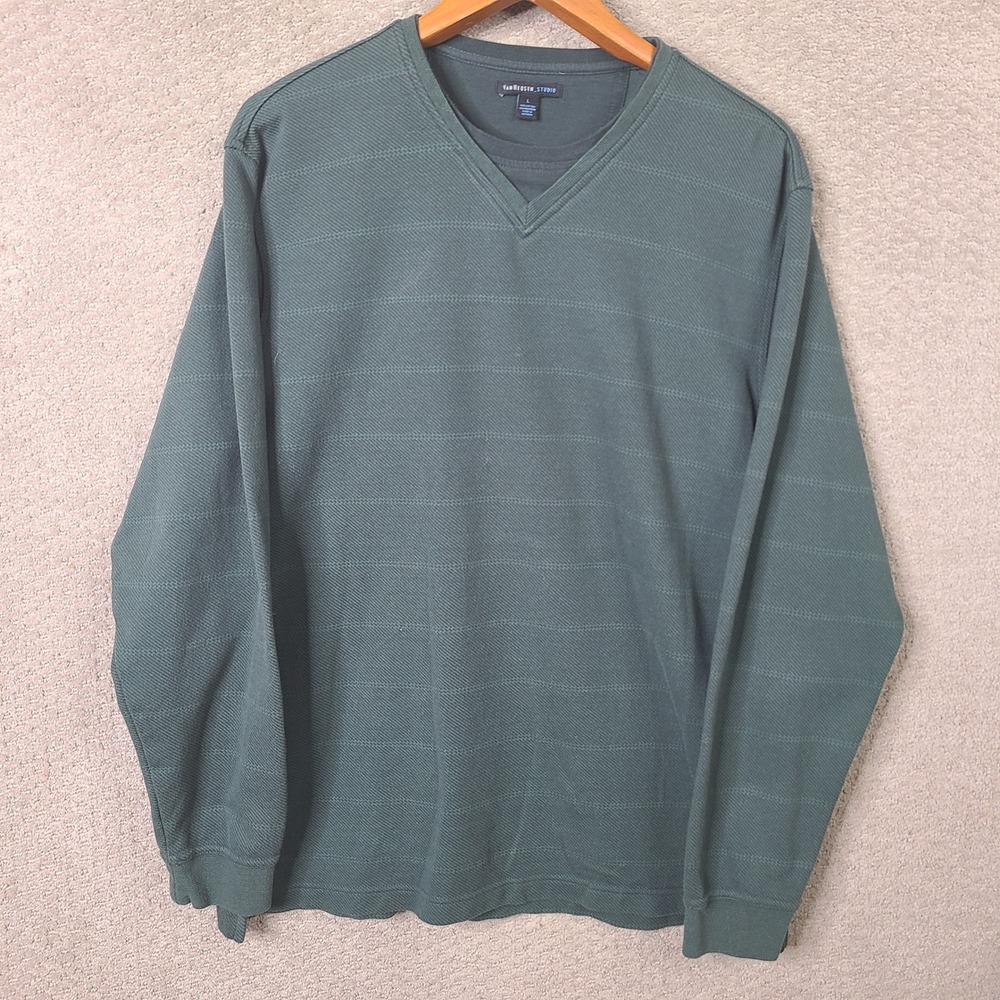 Van Heusen Studio Shirt Mens L Green Striped V Neck Cotton Blend Long Sleeve